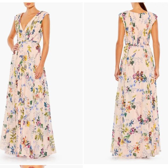MAC DUGGAL PLEATED FLORAL CAP SLEEVE A-LINE PINK MULTI GOWN sz 14 - Picture 3 of 3